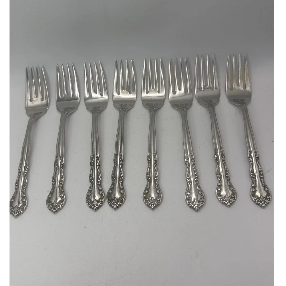 Pfaltzgraff Remembrance‎ Stainless Steel Salad Forks Set of 8 Floral Glossy 6.5